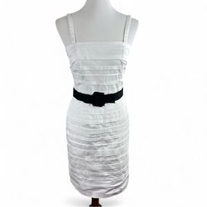 White House Black Market White Pleated Sheath Dress w. Black Rose Belt